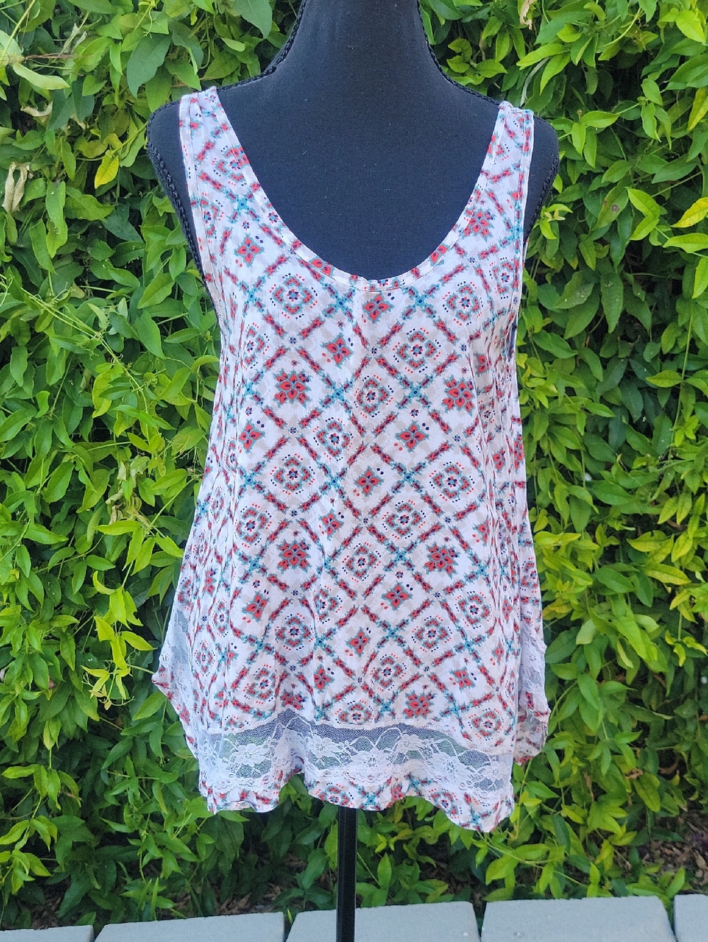 Red and Blue Western Vibe Tank Top With Lace Split Hem S